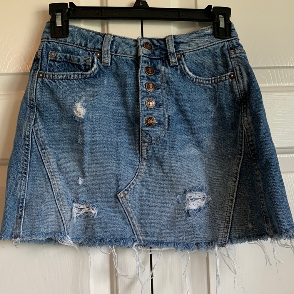 We the  Free denim mini skirt size 24 button fly distressed patchwork